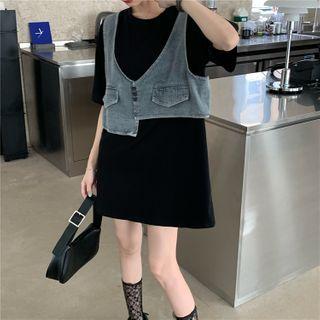 Mock Two-piece Denim Panel Short-sleeve T-shirt