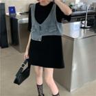 Mock Two-piece Denim Panel Short-sleeve T-shirt