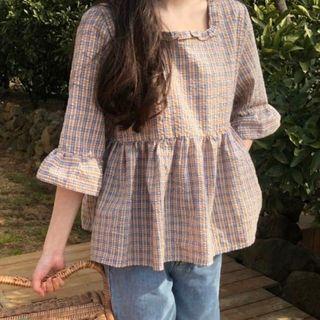 Elbow-sleeve Plaid Top As Shown In Figure - One Size