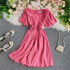 Square-neck Ruffled Slim-cut Short-sleeve Dress