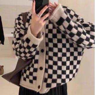Chessboard Plaid Cardigan Black - One Size