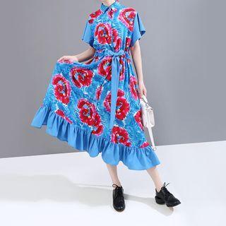 Printed Panel Short-sleeve Ruffle Hem Midi A-line Dress