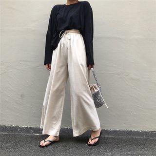 Plain Long-sleeve T-shirt / Drawstring Wide Leg Pants