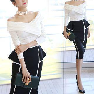 Off-shoulder Shirred Top / Contrast Trim Midi Skirt