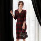 Plaid 3/4-sleeve Midi Bodycon Dress