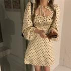 Long-sleeve Dotted A-line Dress Beige - One Size