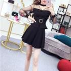 Set: Long-sleeve Mesh Panel Peplum Top + A-line Skirt