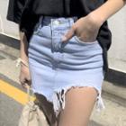 Ripped Mini Fitted Denim Skirt