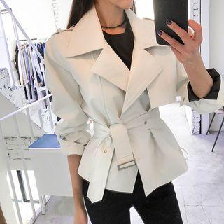 Belted Faux-leather Trench Jacket