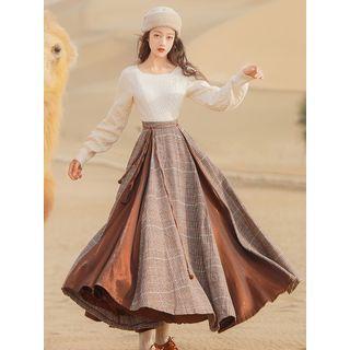 Set: Cable-knit Sweater + Plaid Panel Maxi A-line Skirt