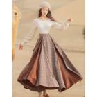 Set: Cable-knit Sweater + Plaid Panel Maxi A-line Skirt