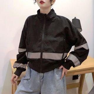 Stand Collar Contrast-trim Zip Jacket Black - One Size