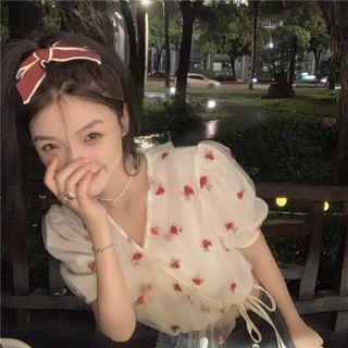 Puff-sleeve Floral Tie-waist Mesh Crop Top White - One Size