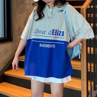 Two Tone Letter Print Oversized Polo Shirt