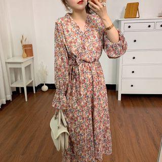Floral Print Bell-sleeve Midi A-line Chiffon Dress