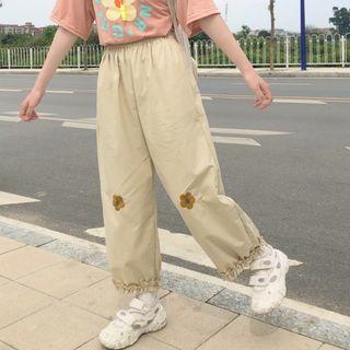 Flower Embroidered Straight Leg Pants As Shown In Figure - One Size
