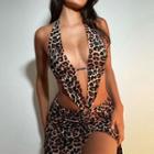 Halter-neck Leopard Print Cutout Slit Midi Dress