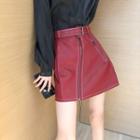 Faux-leather Zipper A-line Skirt With Belt