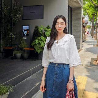 Ruffle-neck Elbow-sleeve Blouse