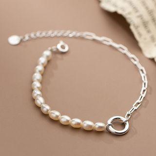 Hoop Sterling Silver Faux Pearl Bracelet 1 Pc - White & Silver - One Size