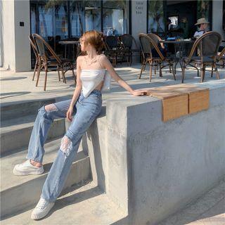 Distressed Lace Panel Wide Leg Jeans
