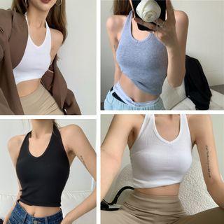 Sleeveless Plain Cropped Halter Top