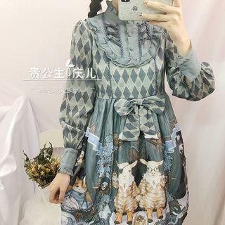 Long-sleeve Print A-line Dress / Headpiece / Set