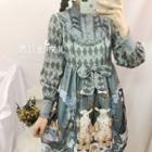 Long-sleeve Print A-line Dress / Headpiece / Set
