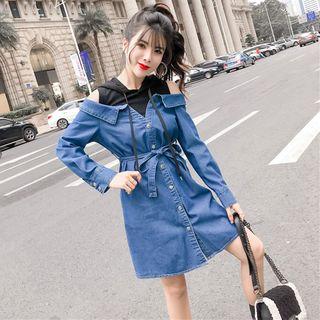 Mock Two-piece Long-sleeve Mini A-line Denim Dress