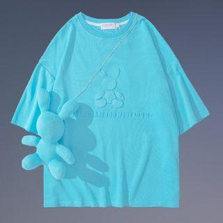 Elbow-sleeve 3d Rabbit Print T-shirt With Rabbit Doll
