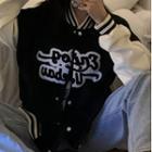 Letter Embroidered Two-tone Baseball Jacket Black - One Size