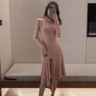 Mandarin Collar Long-sleeve Asymmetric Midi A-line Dress