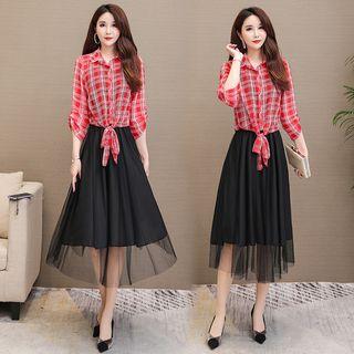 Set: Plaid Shirt + Mesh Dress