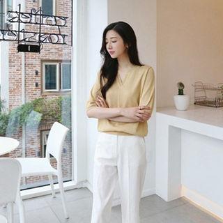 Open-placket Short-sleeve Knit Top