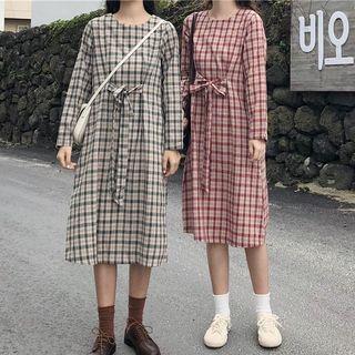 Long Sleeve Tie-waist Plaid Dress