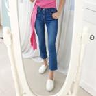 Petite Size Seam-trim Distressed Straight-cut Jeans