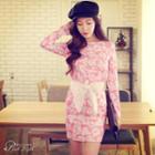 Long-sleeve Bow-accent Printed Dress