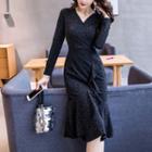 Long-sleeve Ruffle-trim Glitter Midi Dress