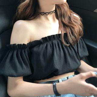 Short-sleeve Off-shoulder Crop Top Black - One Size