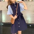 Mock Two-piece Short-sleeve Tie-waist Shirt Dress
