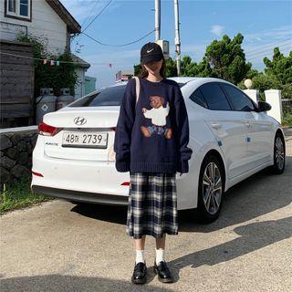 Jacquard Sweater / Plaid Midi Shift Skirt