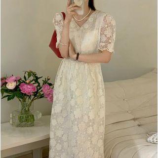 Puff-sleeve Floral Embroidered Midi A-line Lace Dress White - One Size