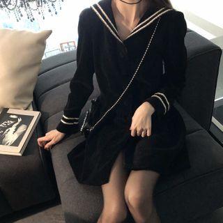 Long-sleeve Sailor Collar Mini A-line Corduroy Dress Black - One Size