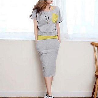 Set: Contrast-pocket T-shirt + Camisole + Midi Skirt