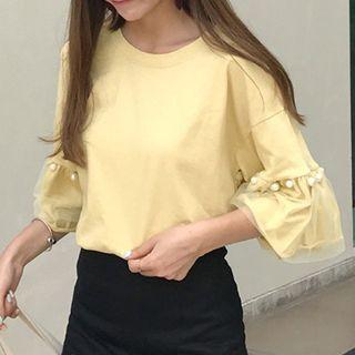 Mesh Trim Faux Pearl 3/4 Sleeve Top