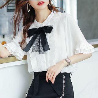 Bow Short-sleeve Frill Trim Blouse