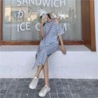 Elbow-sleeve Cold Shoulder Striped Midi T-shirt Dress