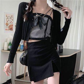 Gingham Camisole Top / Cardigan A-line Skirt / Lightweight Cardigan