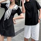 Couple Matching Short-sleeve Collared T-shirt / Two-tone Mini A-line Dress / Shorts