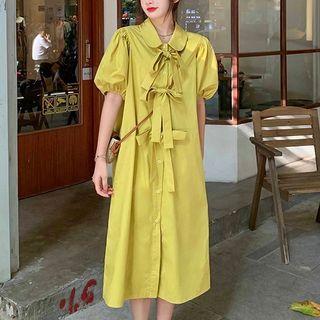 Puff-sleeve Collared Tie-front Midi A-line Shirtdress